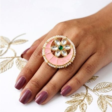Handcrafted Pink Moon Kundan Statement Ring for Women